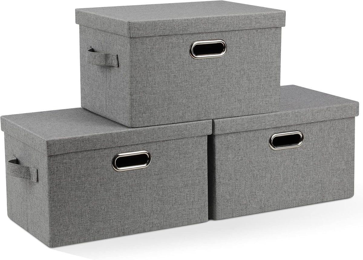 Medium 15" 21 Quart Collapsible Stackable Storage Bins with Lids, 3 Packs Grey Foldable Fabric