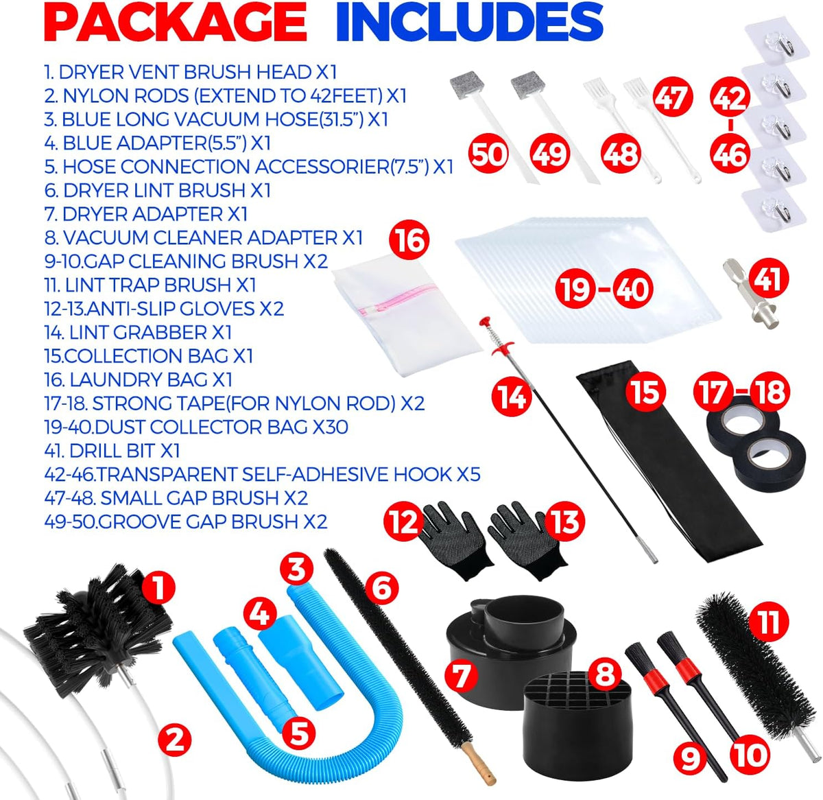 Holikme Dryer Vent Cleaner Kit Dryer Cleaning Tool Include Dryer Vent Brush, Omnidirectional Blue
