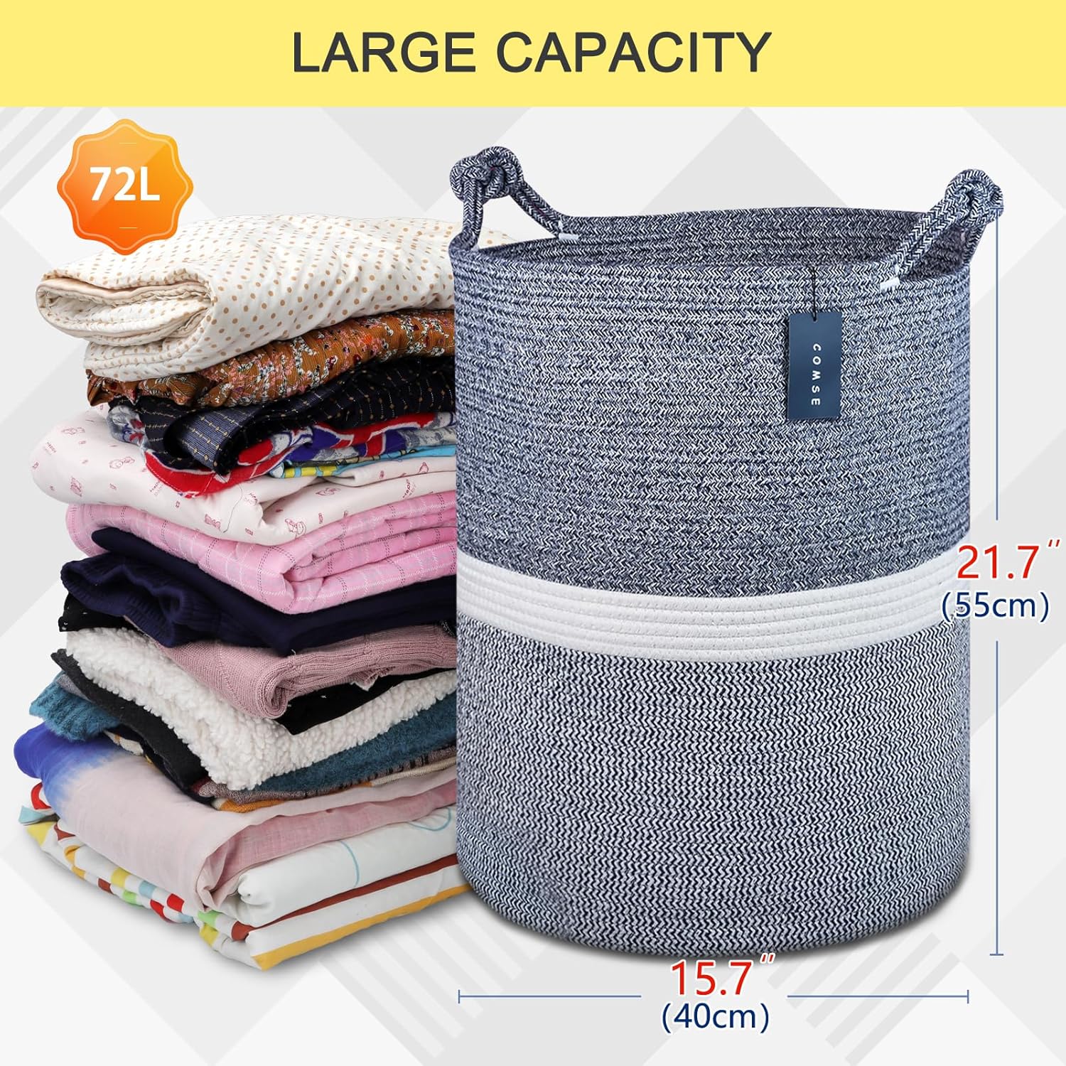 COMSE Extra Large Blanket Basket, Tall Woven Storage Basket, Nursery Hamper, 15.7”x 21.7”, Cotton