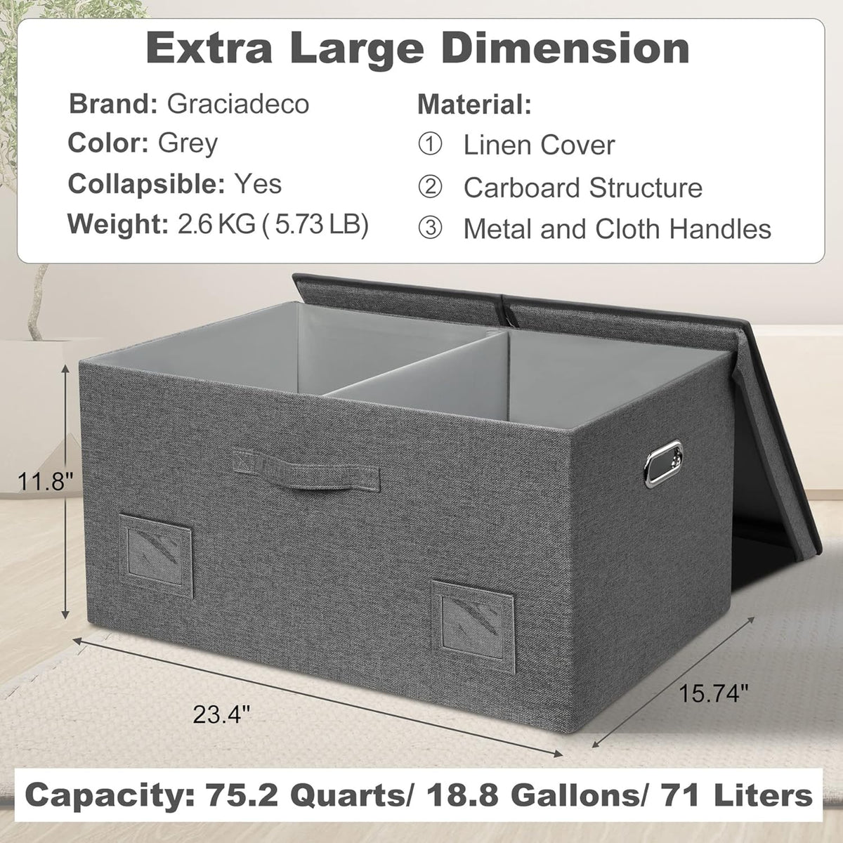 75 Quarts Extra Large Decorative Storage Bins with Lids, 1 Pack Gray Collapsible Storage Bins with