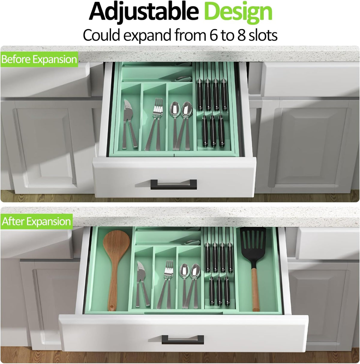 Bamboo Kitchen Drawer Organizer, Expandable Utensil Organizer with Removable Knife Block, Cutlery