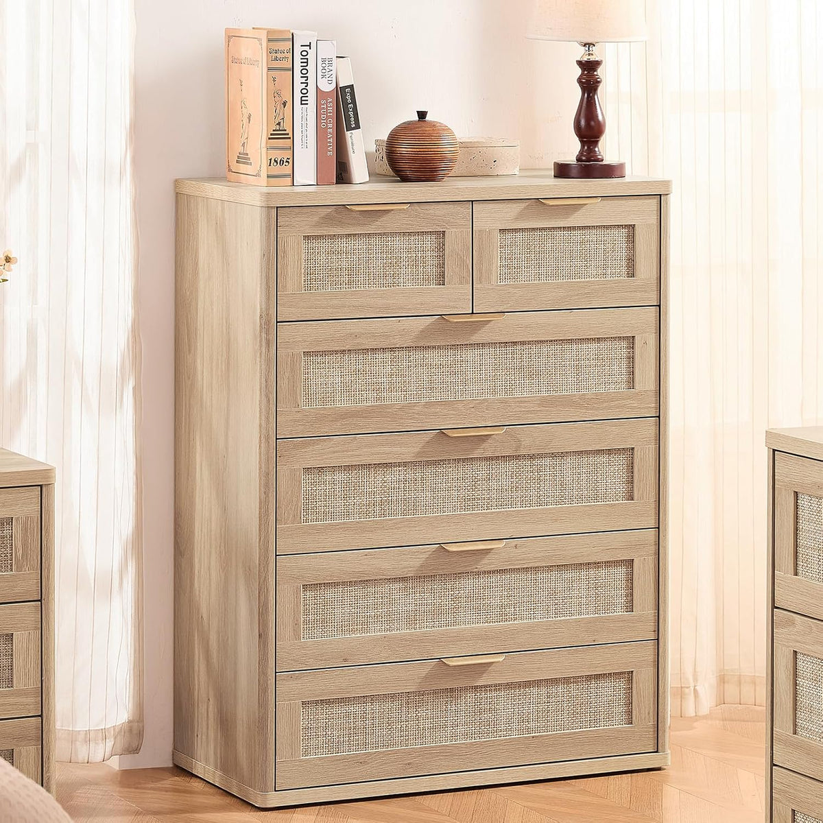 LEYAOYAO Rattan Dresser for Bedroom Set of 2, 42" Tall Chest of Drawers, Modern 6 Drawers Boho