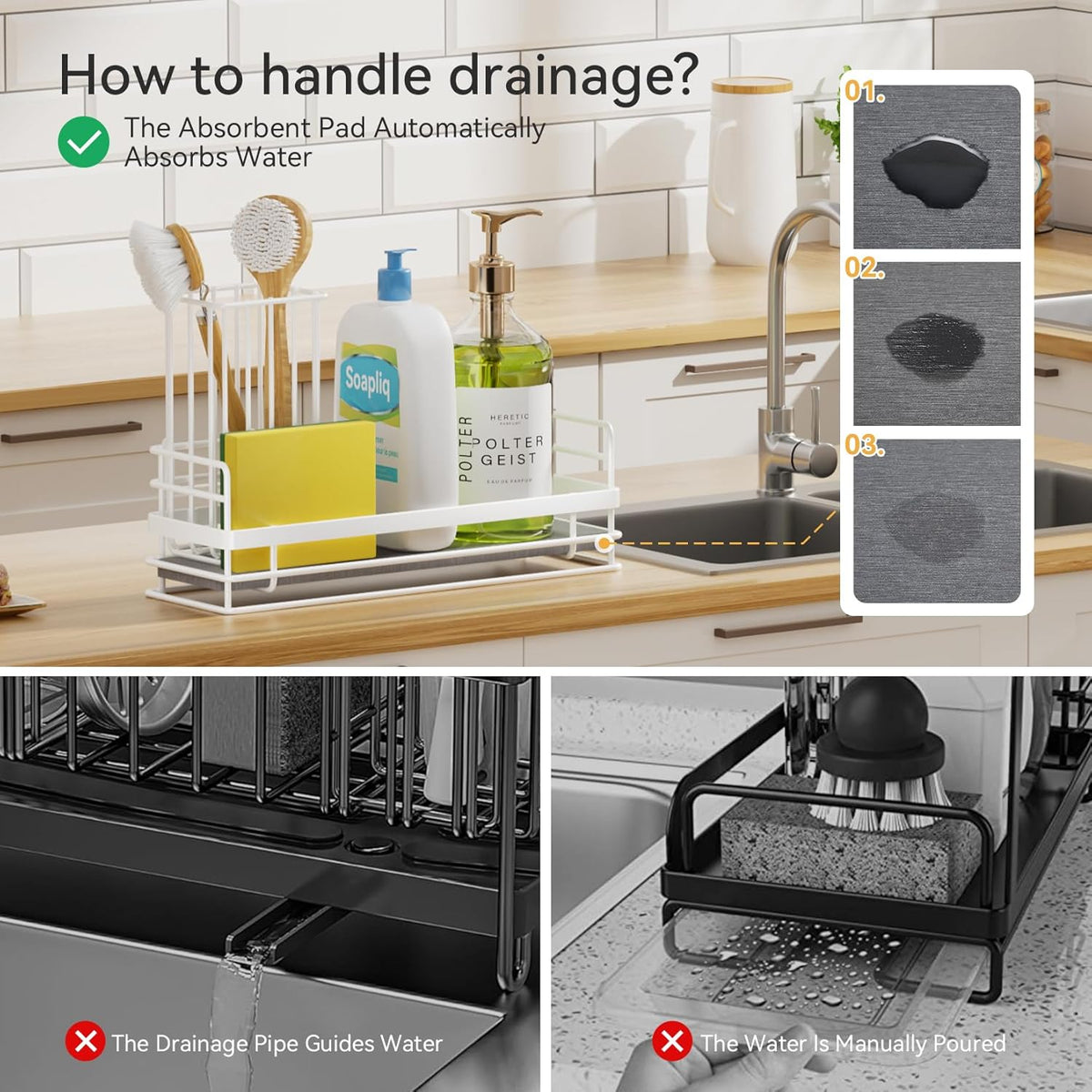 Yofidra Sink Caddy with Stone Drying Tray: Stainless Steel Soap Dispenser Kitchen Sink Organizer