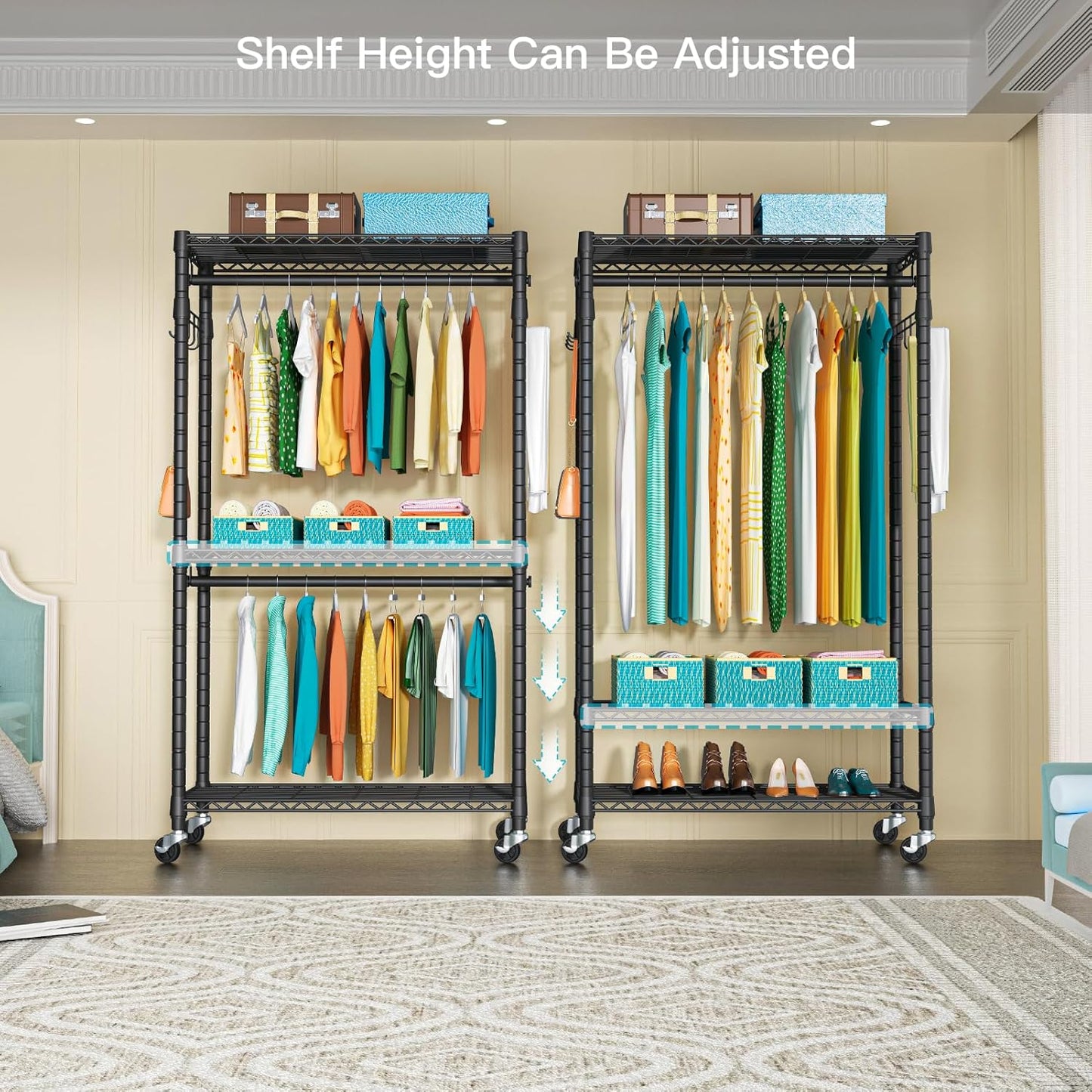 FUTASSI P1 Heavy Duty Garment Rack, 3 Tiers Adjustable Rolling Metal Closet Organizer with Lockable
