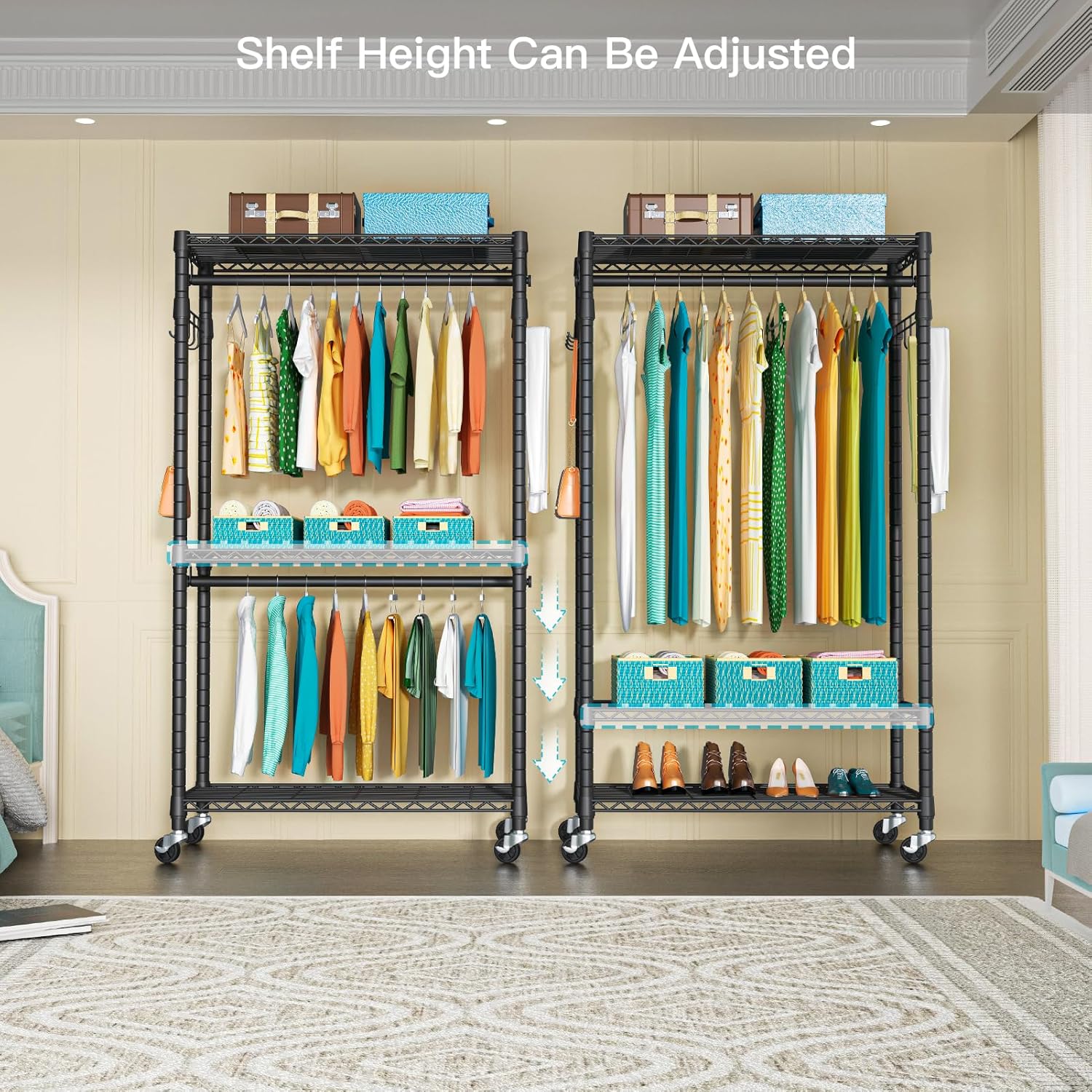 FUTASSI P1 Heavy Duty Garment Rack, 3 Tiers Adjustable Rolling Metal Closet Organizer with Lockable