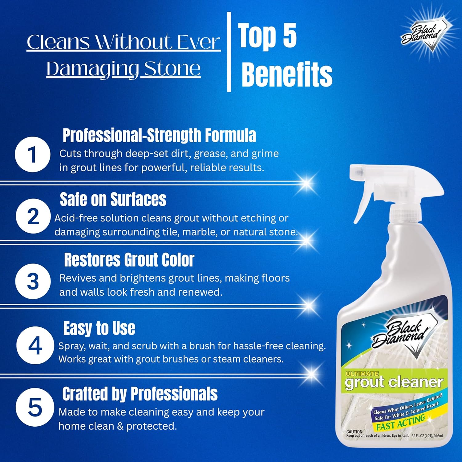 Black Diamond Ultimate Grout Cleaner: Best Cleaner for Tile, Ceramic, Porcelain, Marble Acid-Free