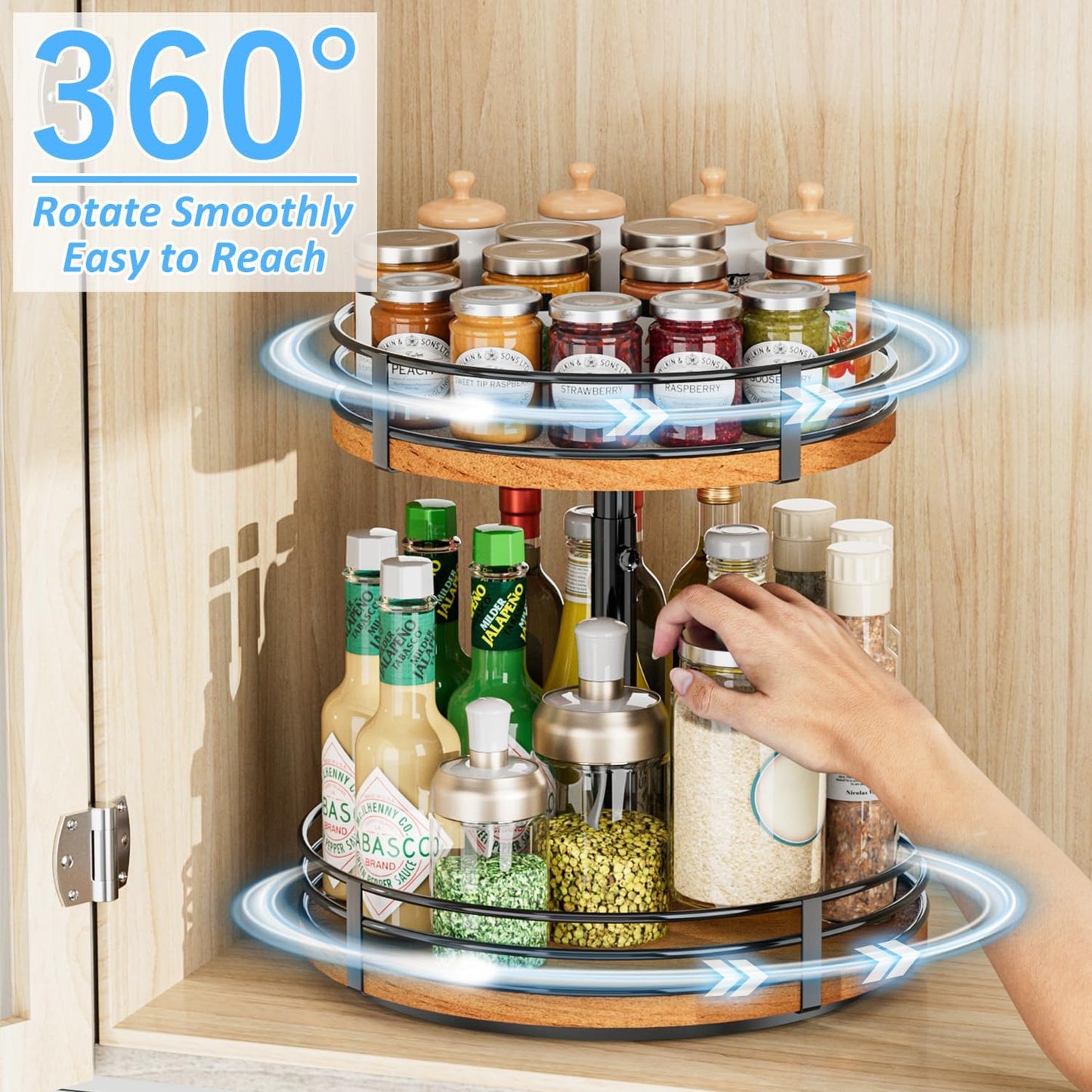 Lazy Susan Turntable Organizer Adjustable - 2 Tier Wood Rotating Spice Rack 12 Inch Lazy Susan for
