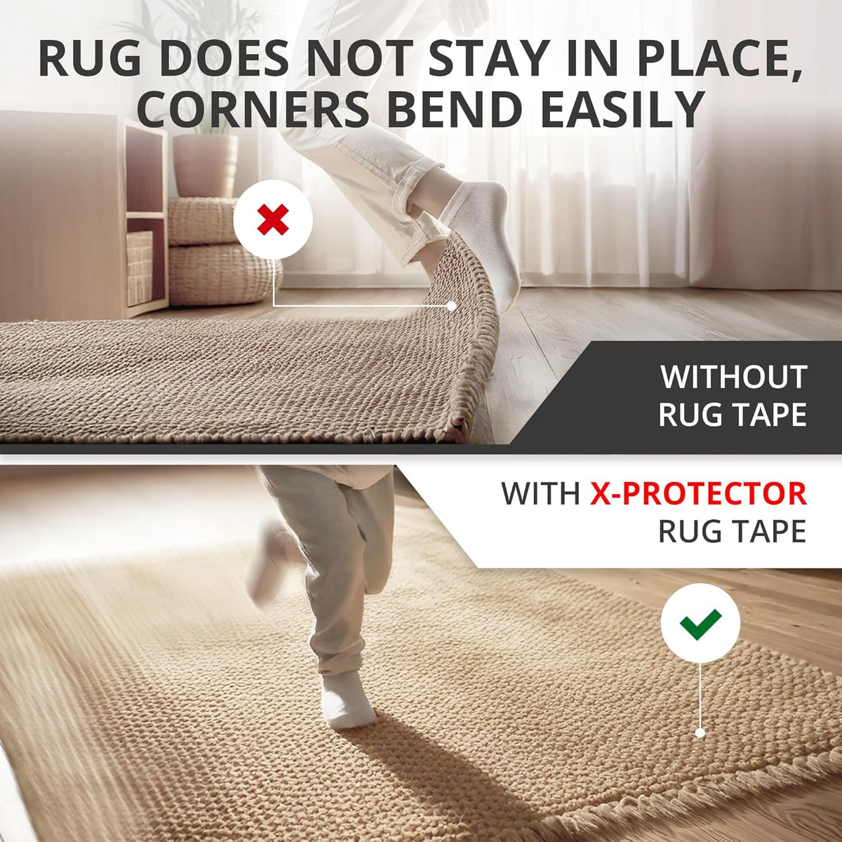 X-Protector Rug Tape - 12 Pcs Set - White Anti-Slip & Anti-Curling Carpet Tape for Hard Floors