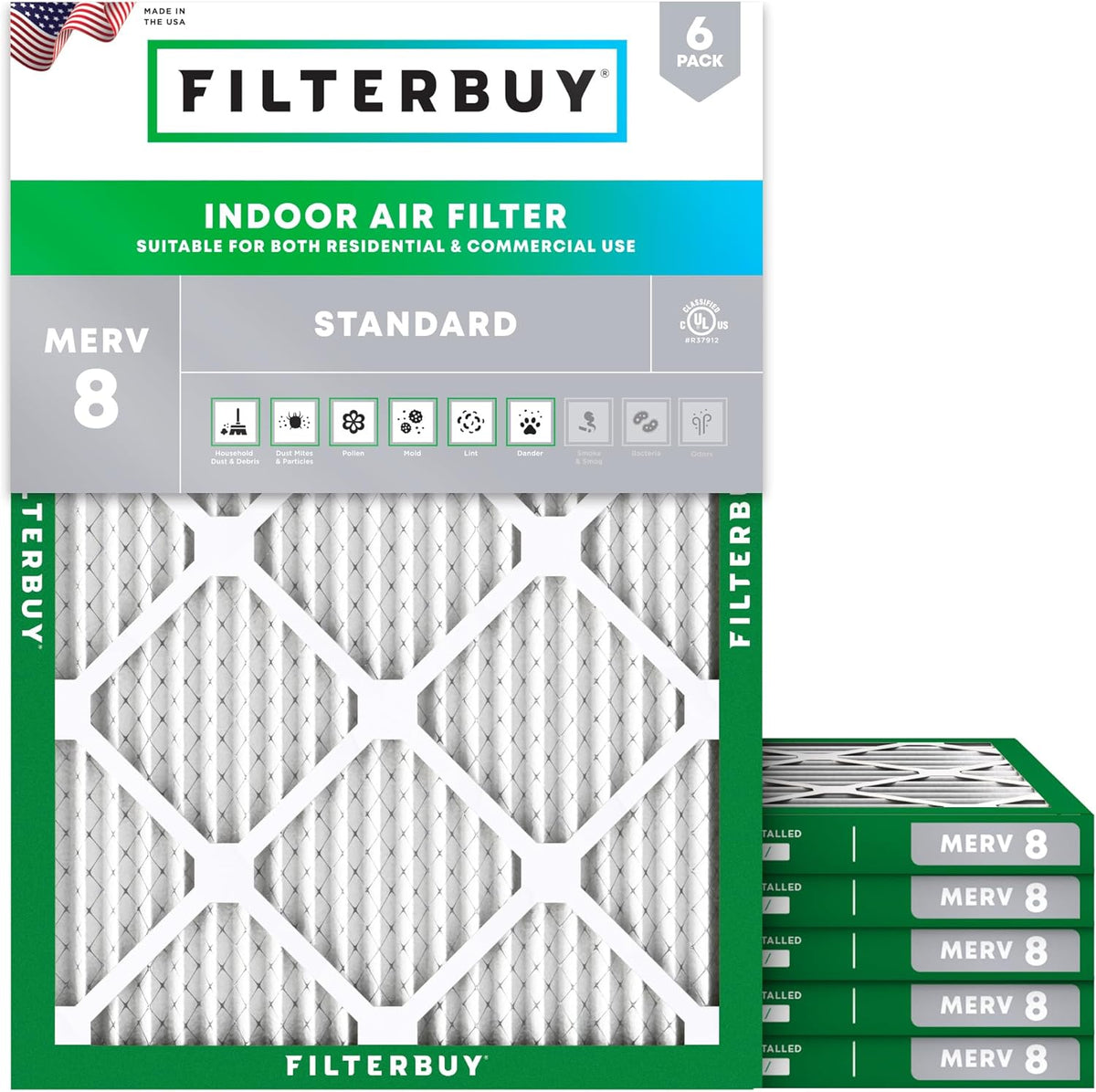 Filterbuy 30x36x1 Air Filter MERV 8 (MPR 700) Dust Defense Replacement (6-Pack), Electrostatic