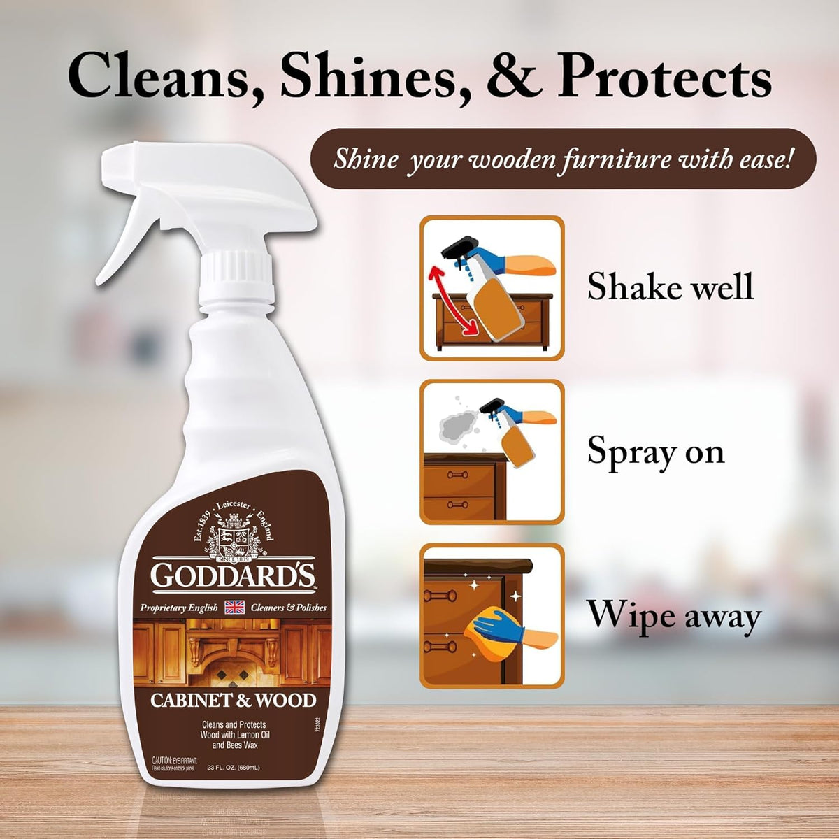 Goddard's Cabinet & Wood Wax Spray, Wood Cleaner & Furniture Polish, Wood Conditioner with Beeswax