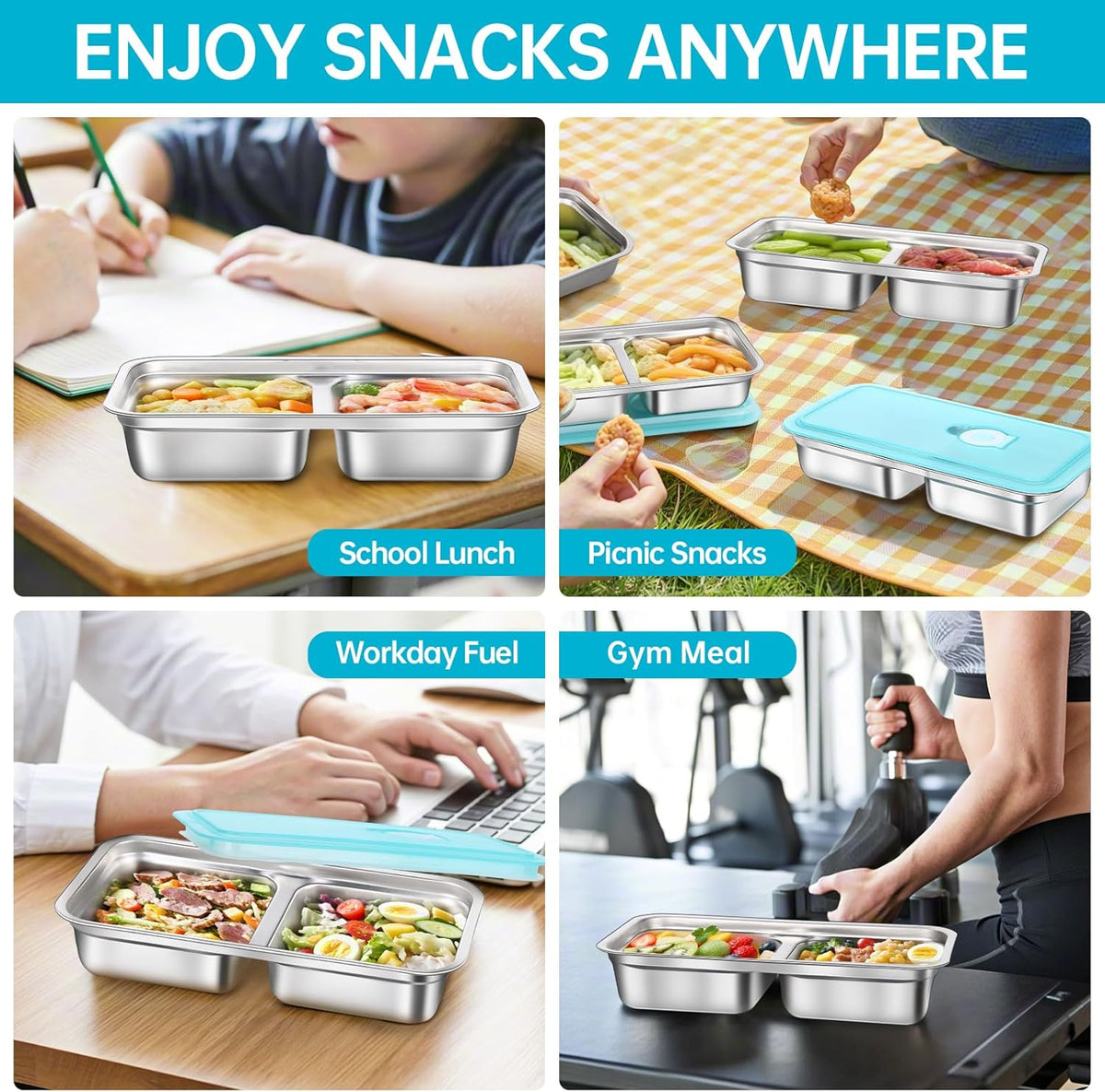 6 Pack Stainless Steel Snack Containers Reusable, Grab and Go 2 Compartment Food Storage Containers