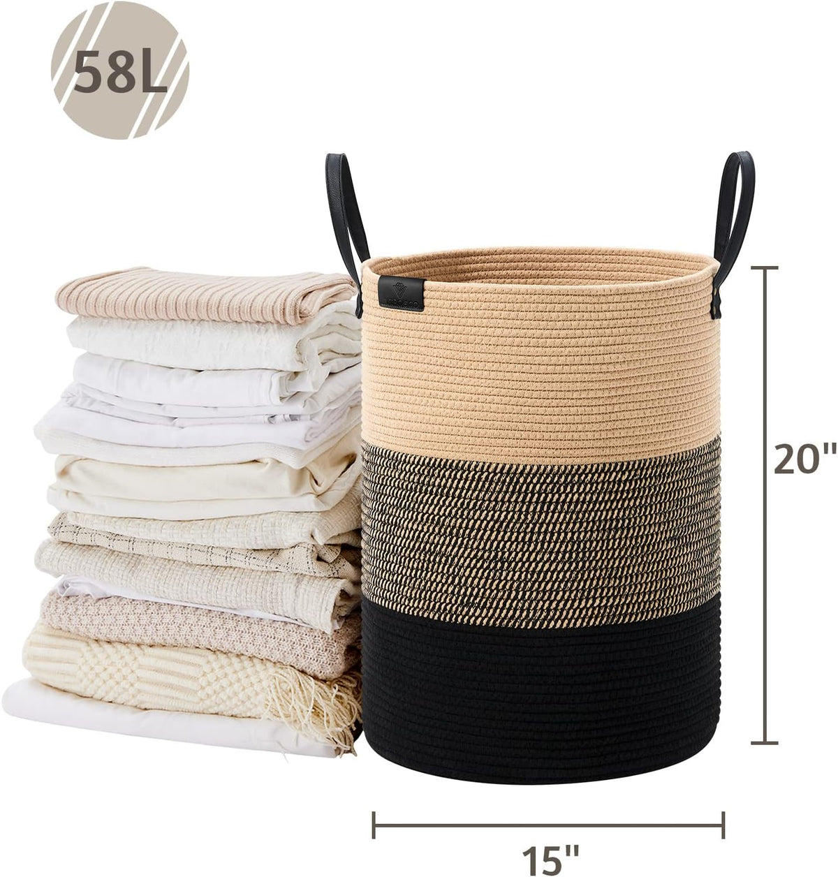 VIPOSCO Tall Laundry Basket, Large Dirty Clothes Hamper with Leather Handle, Woven Rope Storage