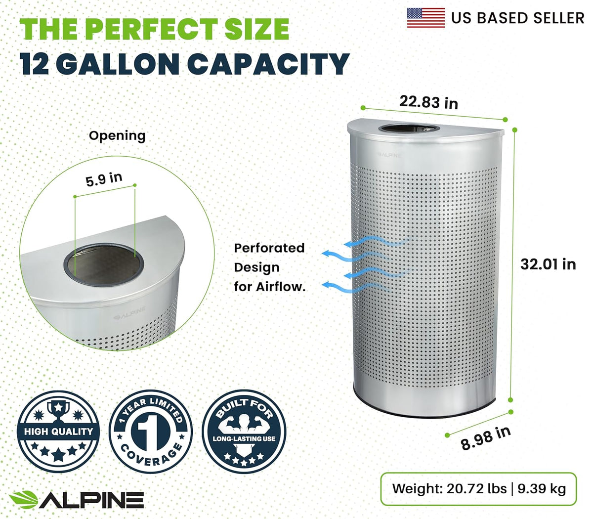 Alpine Half Round Trash Can Open Top - Modern 12 Gallon Stainless Steel Space Saving Indoor
