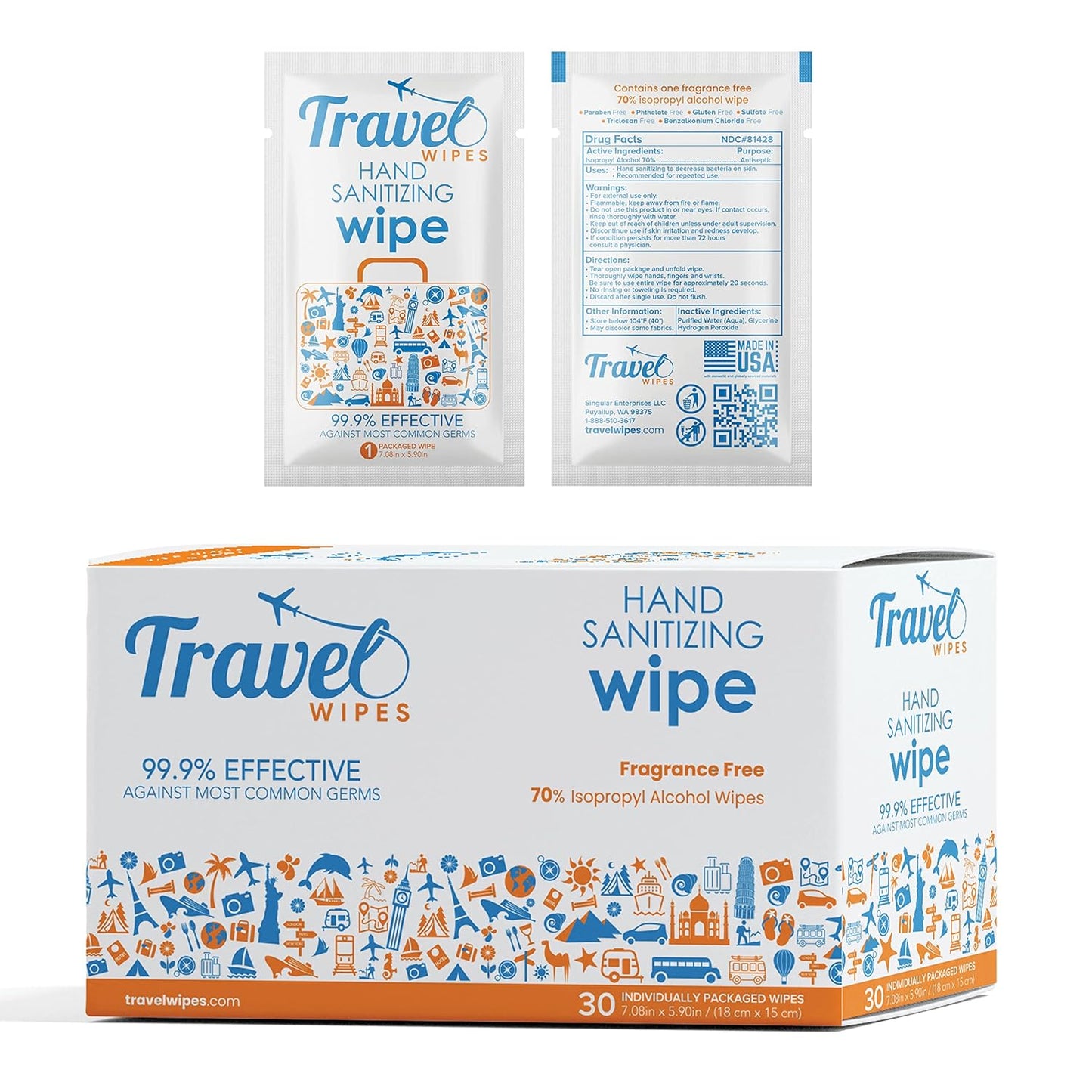 Hand Sanitizing Travel Wipes – 30ct Individually Wrapped | Fragrance-Free, Moisturizing, 70%
