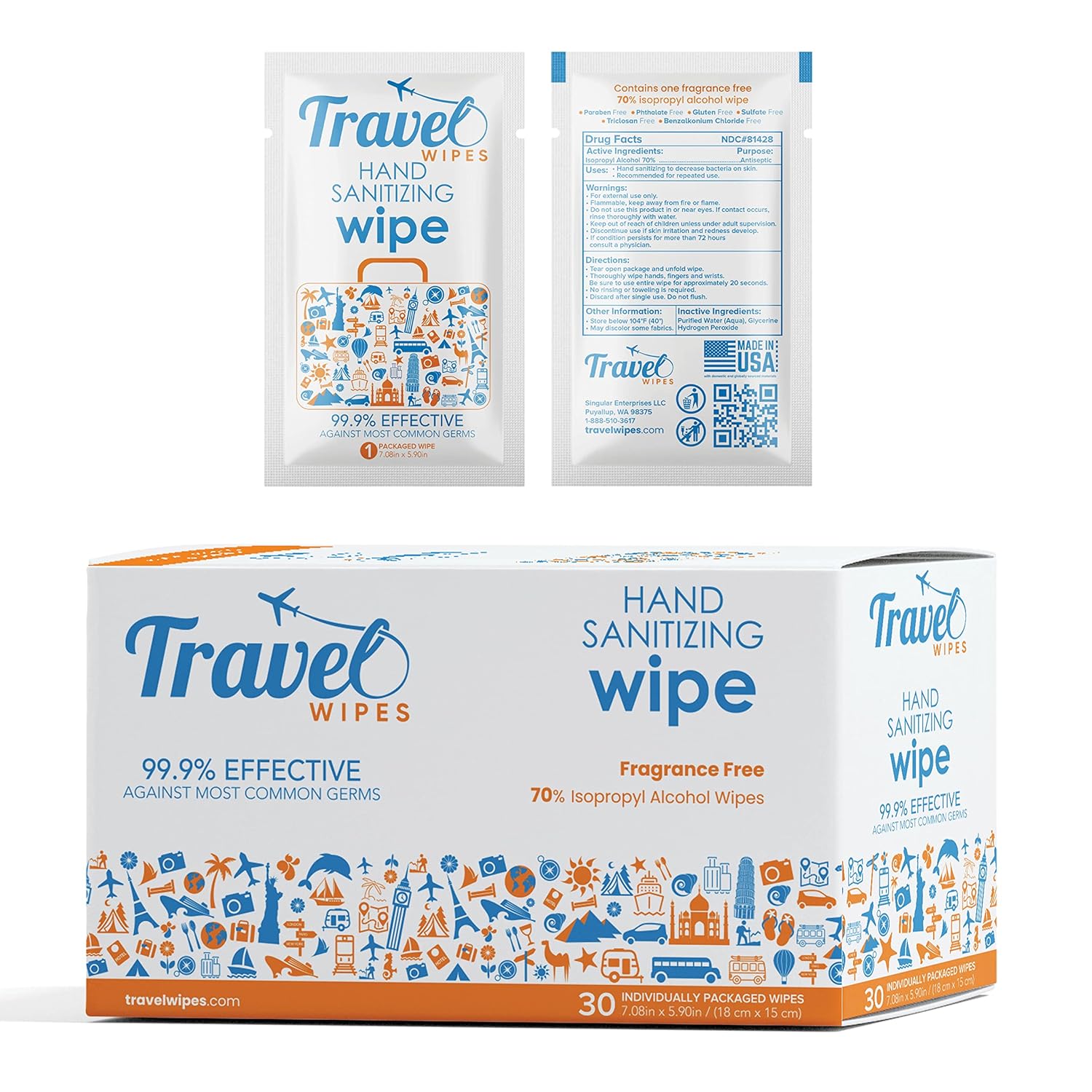 Hand Sanitizing Travel Wipes – 30ct Individually Wrapped | Fragrance-Free, Moisturizing, 70%