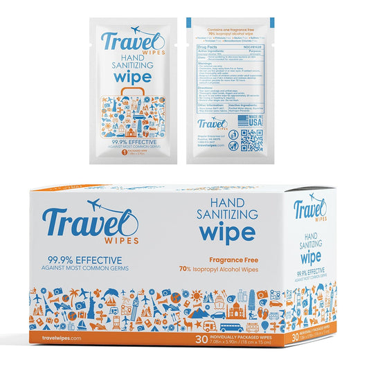 Hand Sanitizing Travel Wipes – 30ct Individually Wrapped | Fragrance-Free, Moisturizing, 70%