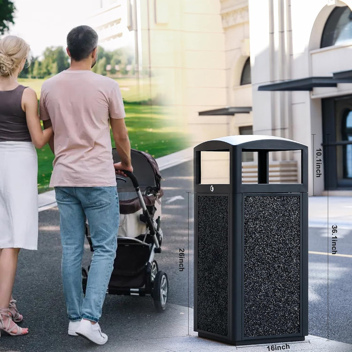 Commercial Metal Outdoor Trash Can with Lid, Lockable Outdoor Garbage Can with Nature Stone Panels