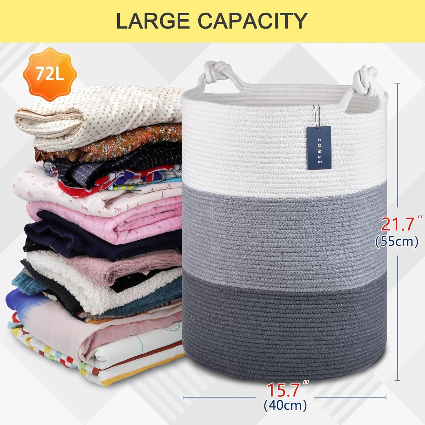 COMSE Laundry Hamper, Extra Large 15.7"x 21.7", Cotton Rope Basket, Portable, White & Light Gray &