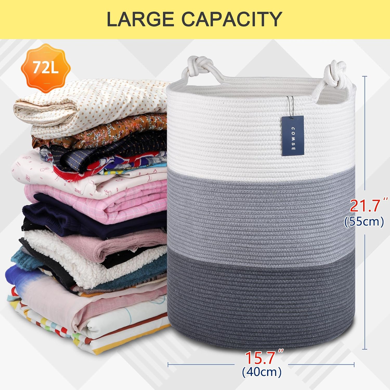 COMSE Laundry Hamper, Extra Large 15.7"x 21.7", Cotton Rope Basket, Portable, White & Light Gray &