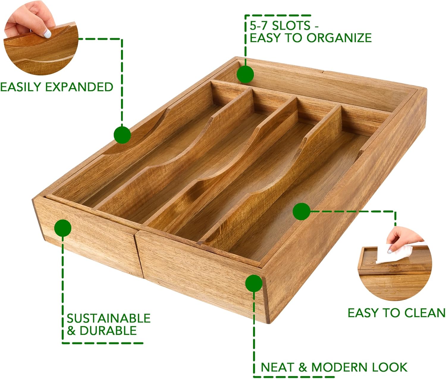 Expandable Acacia Kitchen Drawer Organizer for Cutlery and Utensils, Adjustable Acacia Wood Cutlery