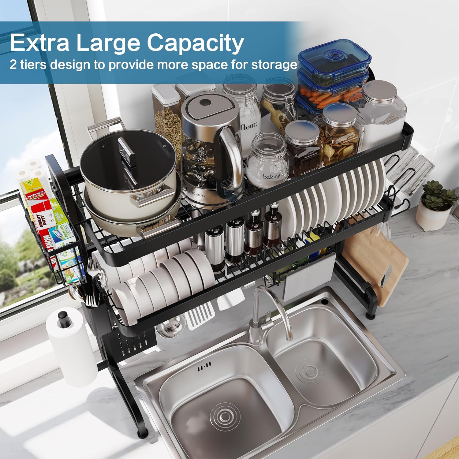 Over The Sink Dish Drying Rack,3 Tier Adjustable Length Full Stainless Steel Large Storage Kitchen