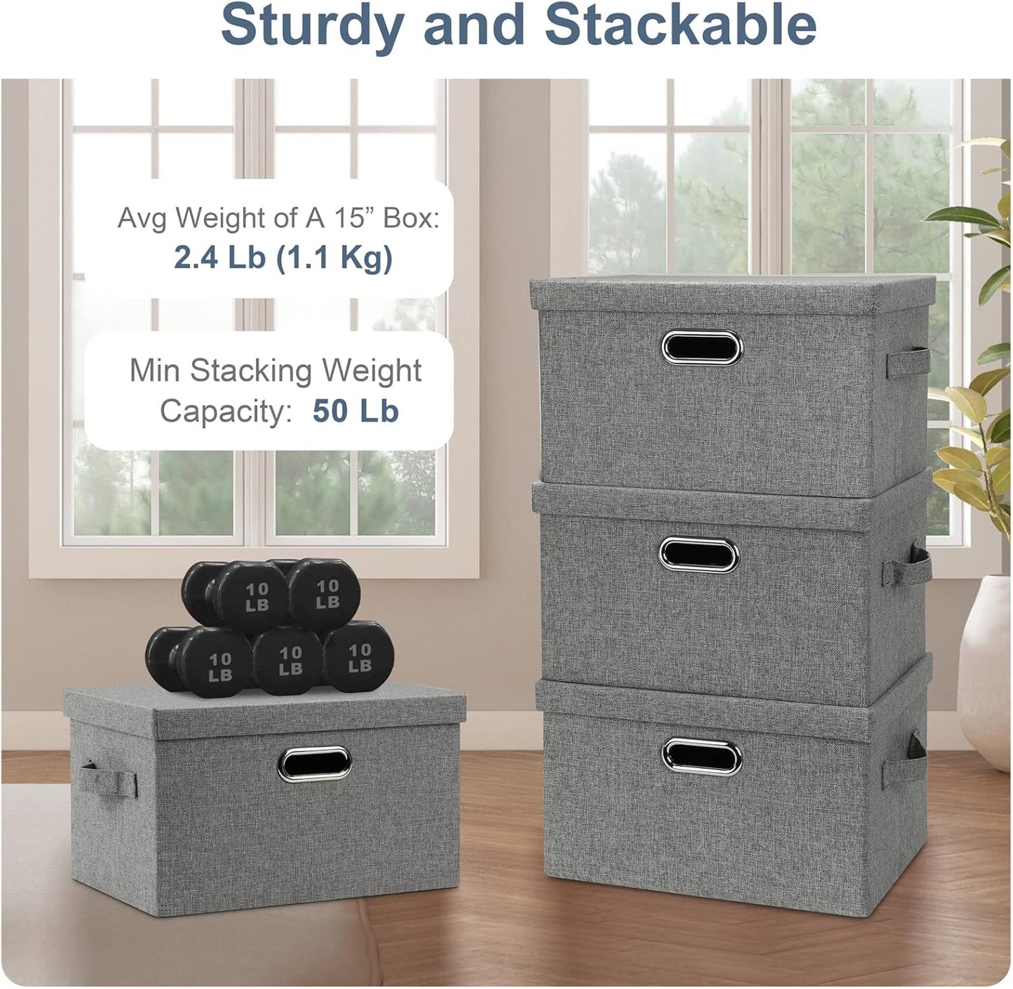Medium 15" 21 Quart Collapsible Stackable Storage Bins with Lids, 3 Packs Grey Foldable Fabric