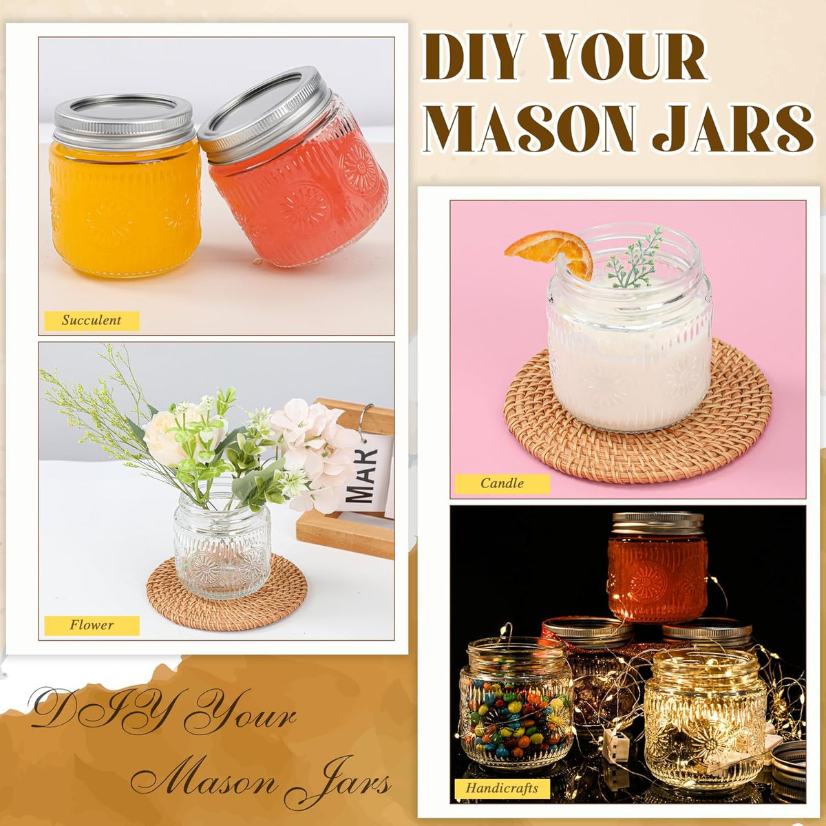 Mason Jars 8 oz - Vintage Small Glass Mason Jars with Silver Metal Lids, Regular Mouth Canning