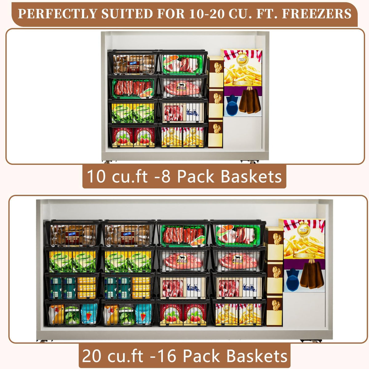 Large Freezer Organizer Bins，Upgraded Bottom Leak-Proof net，Fit 10 to 20 Cu Ft Chest Freezer，4Pack，