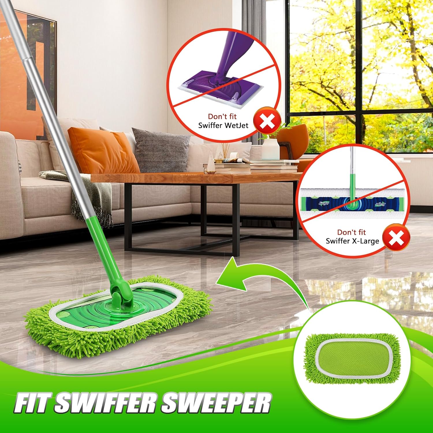 Set of 4 Reusable Microfiber Mop Pads Compatible with Swiffer Sweeper, Dry Sweeping Cloths