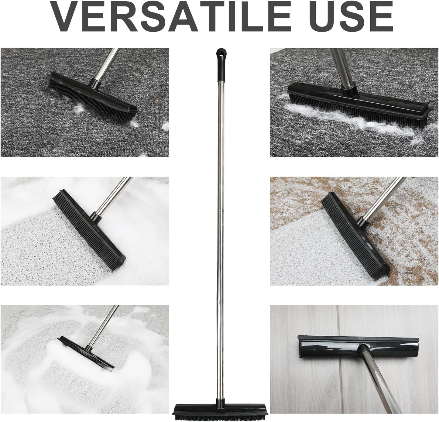 Rubber Broom and Dustpan Set,Pet Hair Removal Rubber Broom with Squeegee and Stainless Steel Dust