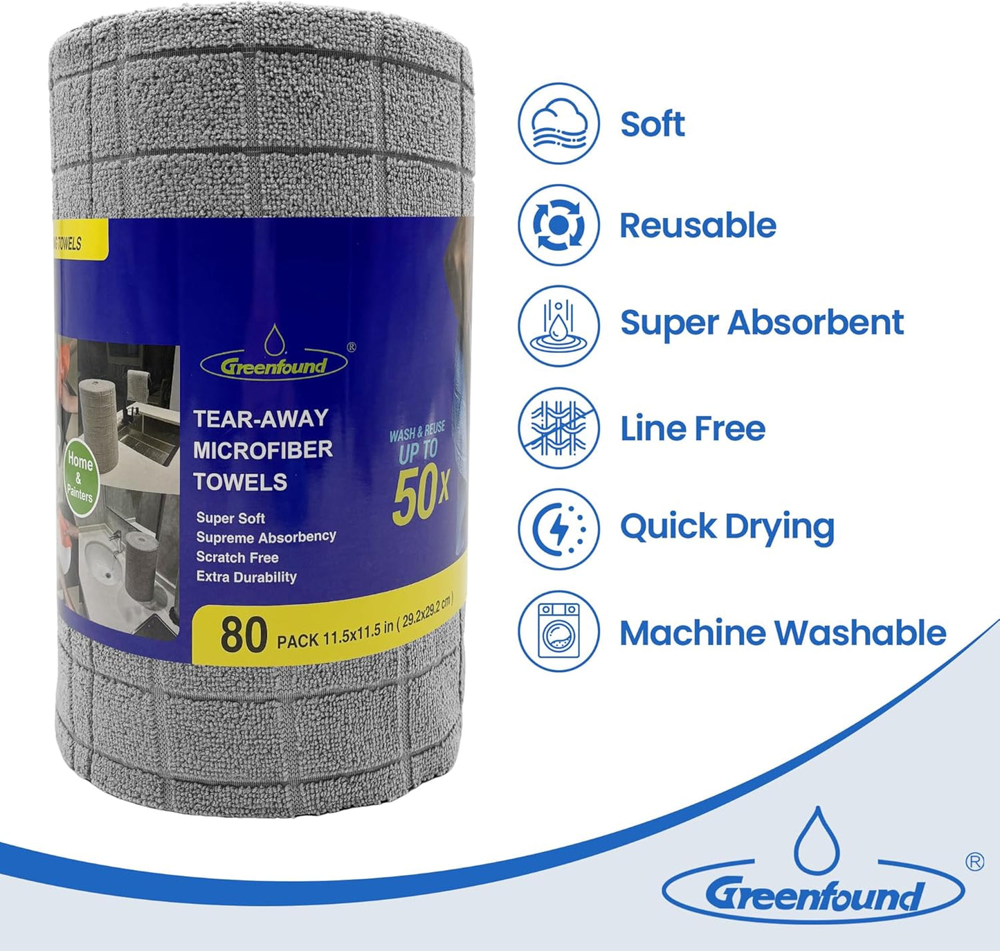 Greenfound Microfiber Cleaning Cloth Roll -80 Pack,Tear Away Towels for Car,Reusable Paper Towels