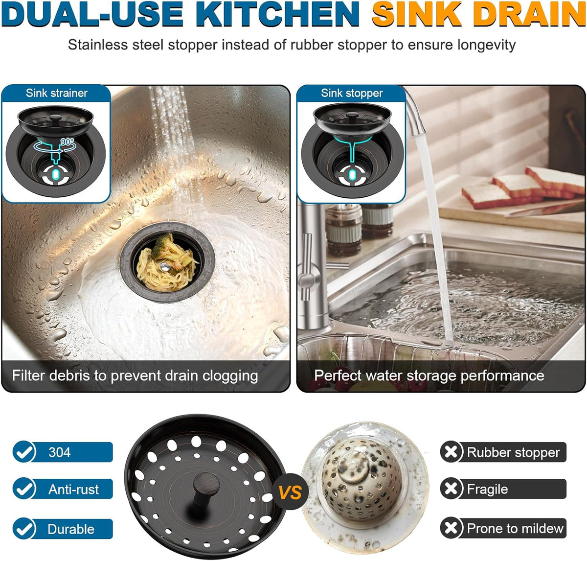 BOTEMY Stainless Steel Bronze Sink Drain Strainer Kit 3-1/4 inch Kitchen Drain Assembly with Metal