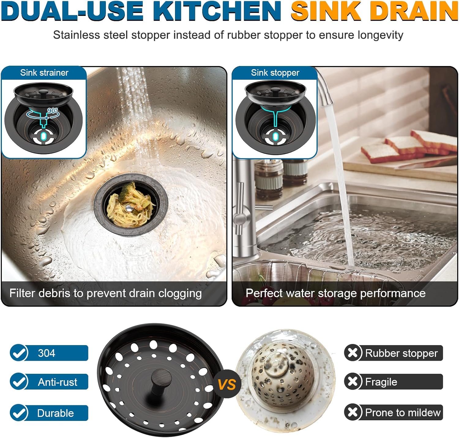 BOTEMY Stainless Steel Bronze Sink Drain Strainer Kit 3-1/4 inch Kitchen Drain Assembly with Metal