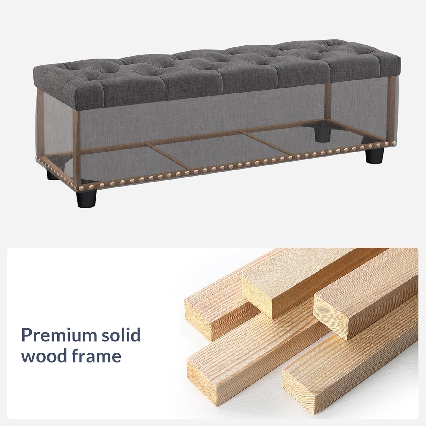 BELLEZE 47" Storage Ottoman, Storage Bench with Safety Close Hinge, Linen Button-Tufted Ottoman for