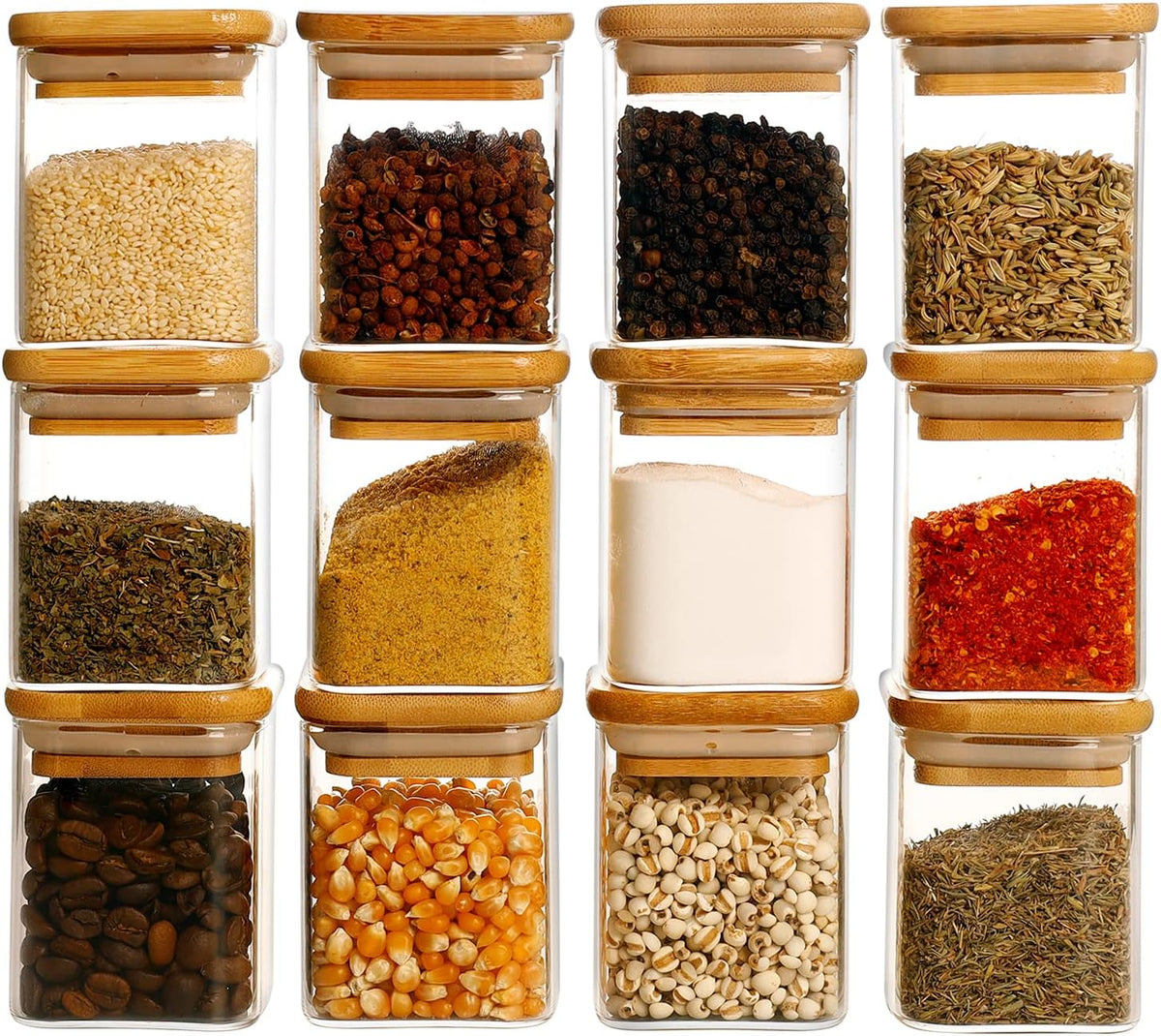 12 Pcs Square Glass Spice Jars with Natural Bamboo Lids - 5oz Airtight Herb Containers with 148