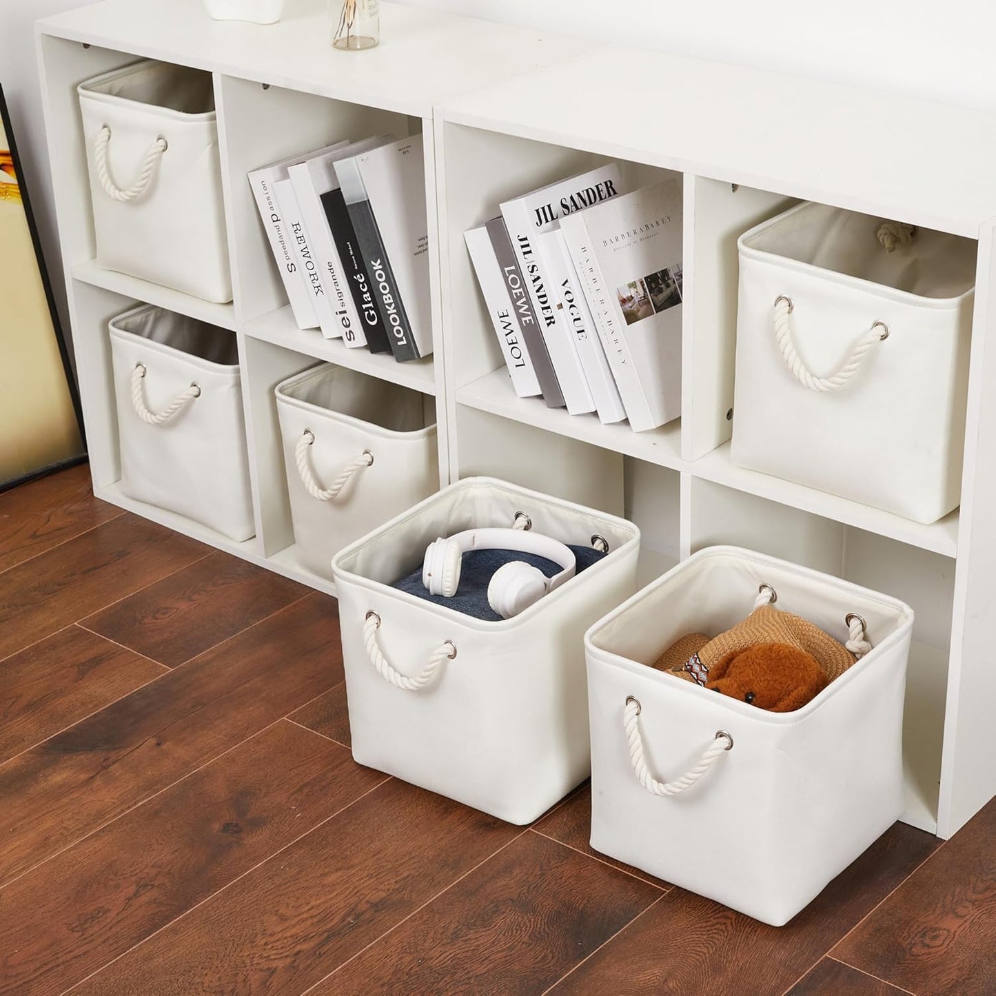 11 x 11 Inch Storage Cubes, 6 Pack Large Collapsible Fabric Storage Bin with Ropes, Foldable