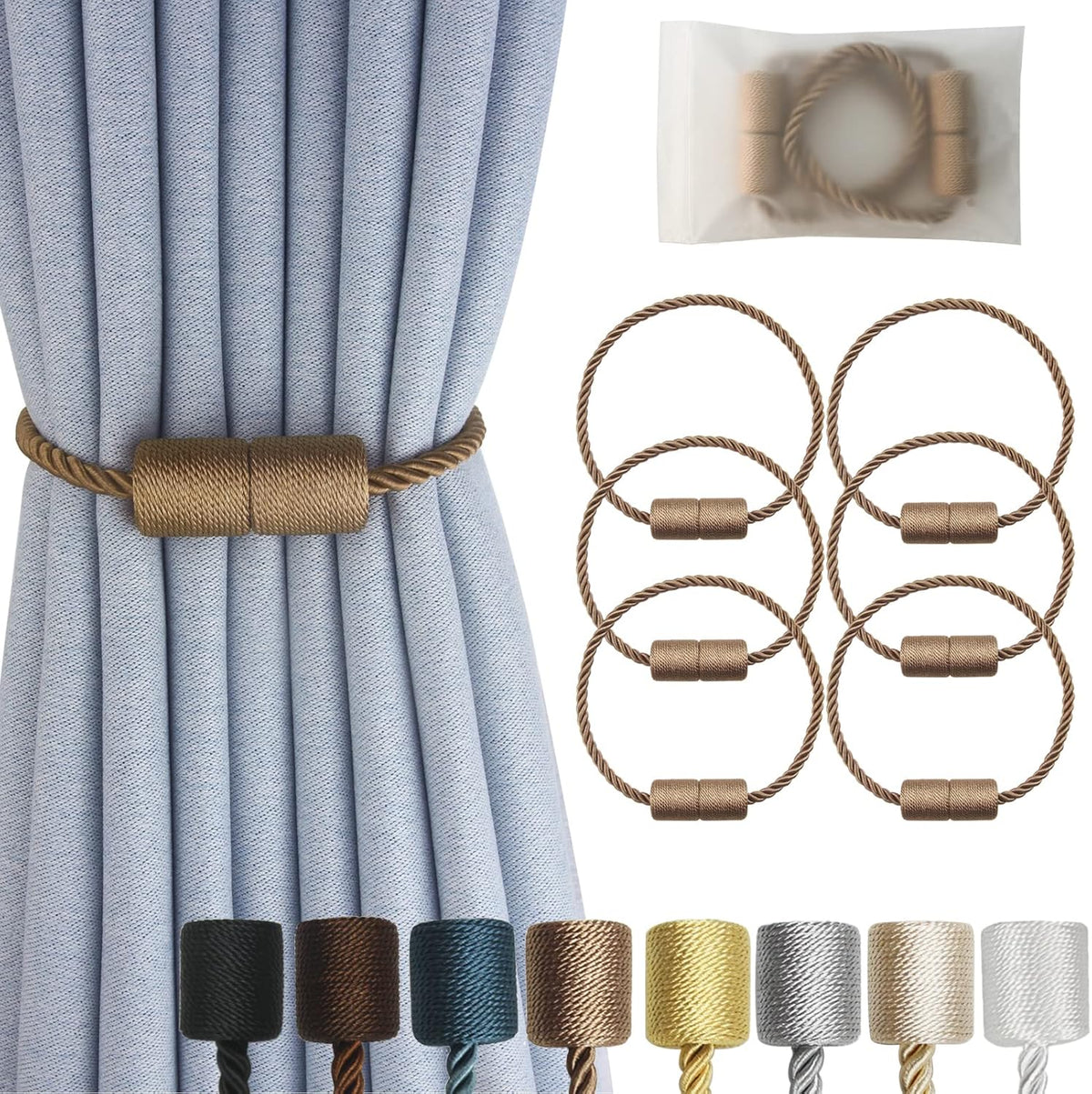 Magnetic Curtain Tiebacks 6 Pack Khaki Curtain Rope Tieback Curtain Holders for Drapes Modern Tie