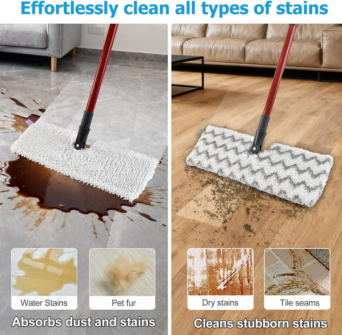 Microfiber Mops for Floor Cleaning, Dust Mop for Hardwood Floors with 2 Heavy Scrub Mop Pads, 2