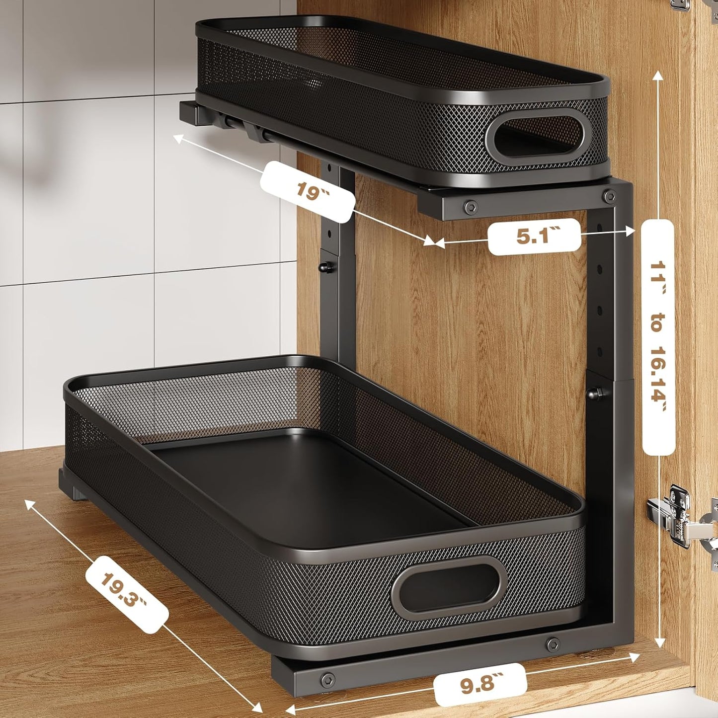 2 Pack 19.3IN-Depth Under Sink Organizer with Smooth Cylindrical Rail,2-Tier Pull Out Multi-Purpose