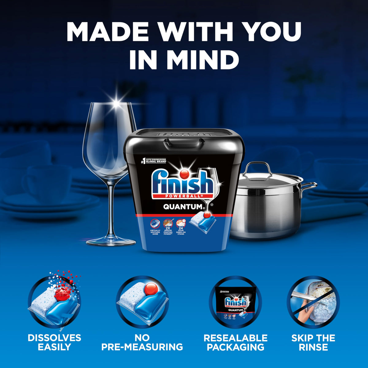 Finish Quantum Dishwasher Pods, No Pre-Rinse Dishwasher Detergent Soap Removes 24HR Dried-On Stain