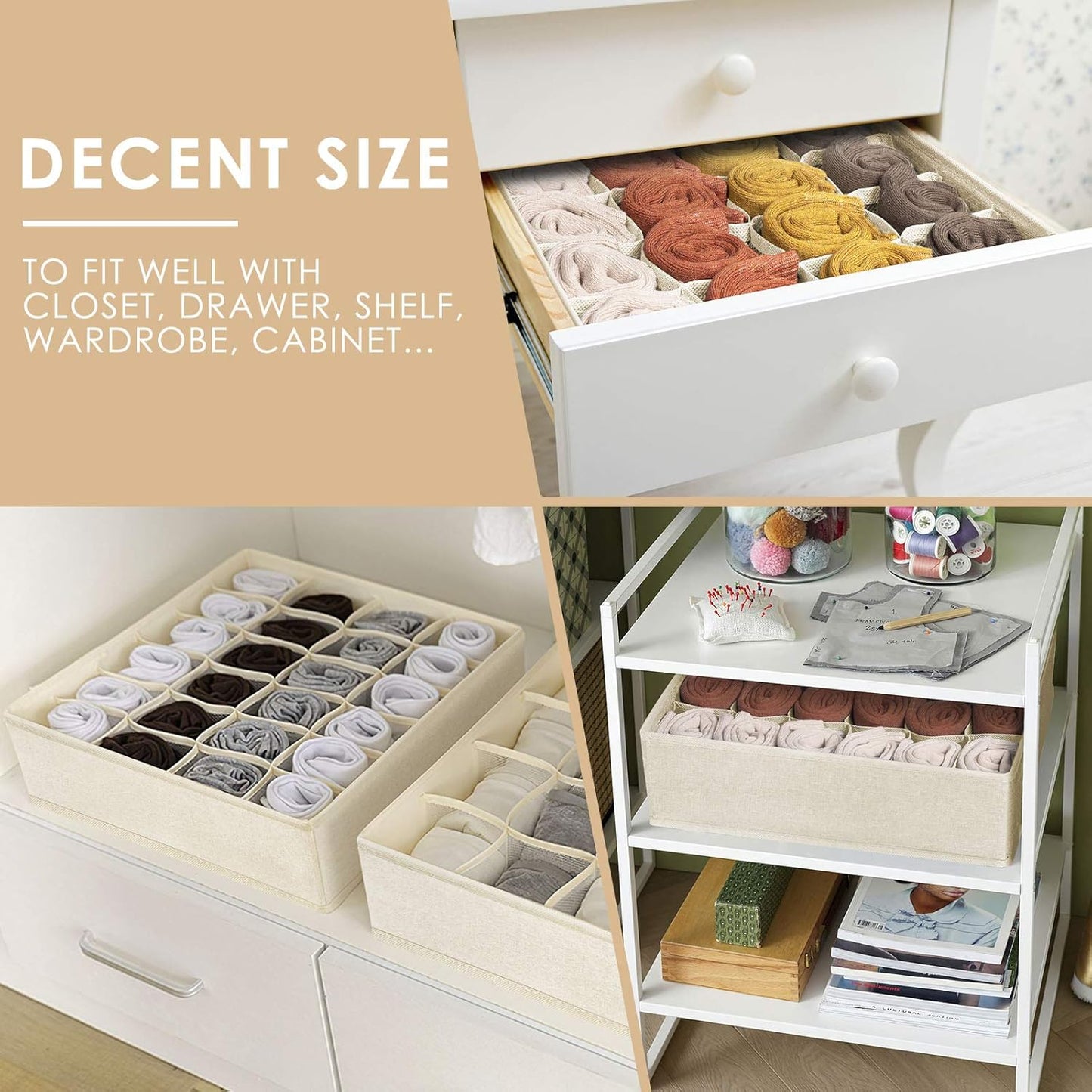 Criusia 3 Pack Sock Underwear Drawer Organizer Dividers, 64 Cell Fabric Foldable Cabinet Dresser