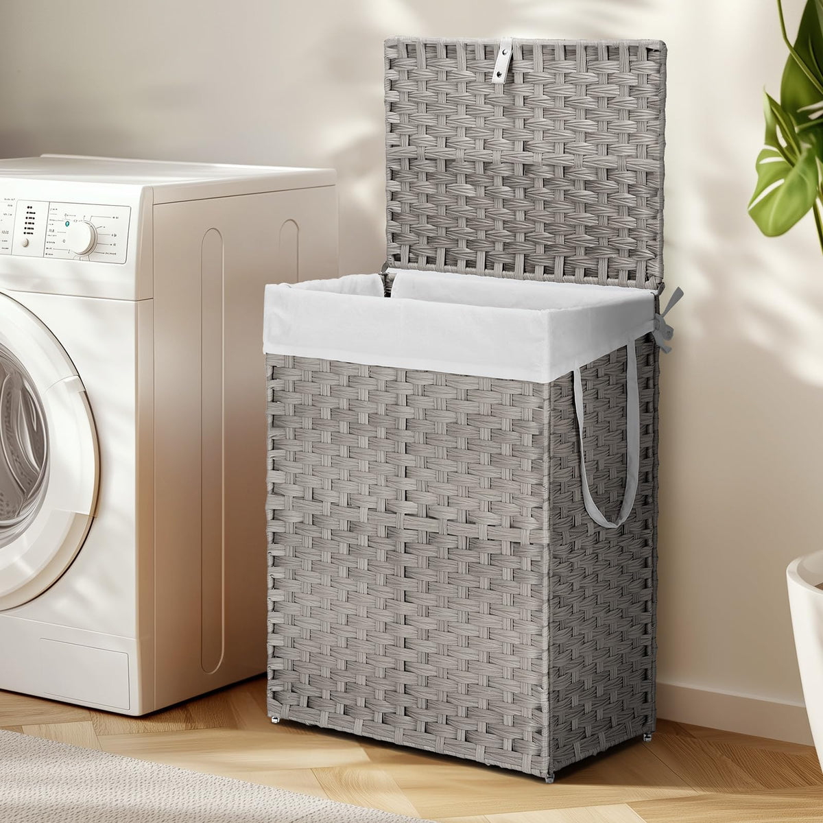 DUMOS Woven Laundry Basket with Lid, 90L Large Capacity Hamper, Removable & Machine-Washable Liner