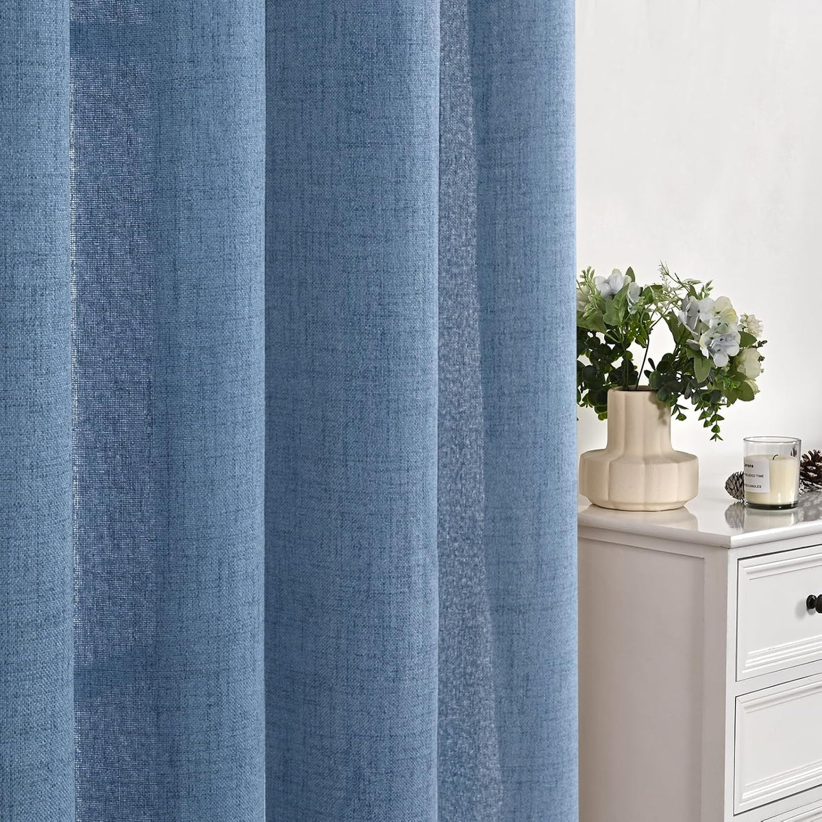 YoungsTex Denim Blue Short Linen Curtains 40 Inch Length for Kitchen Window, Semi Sheer Window