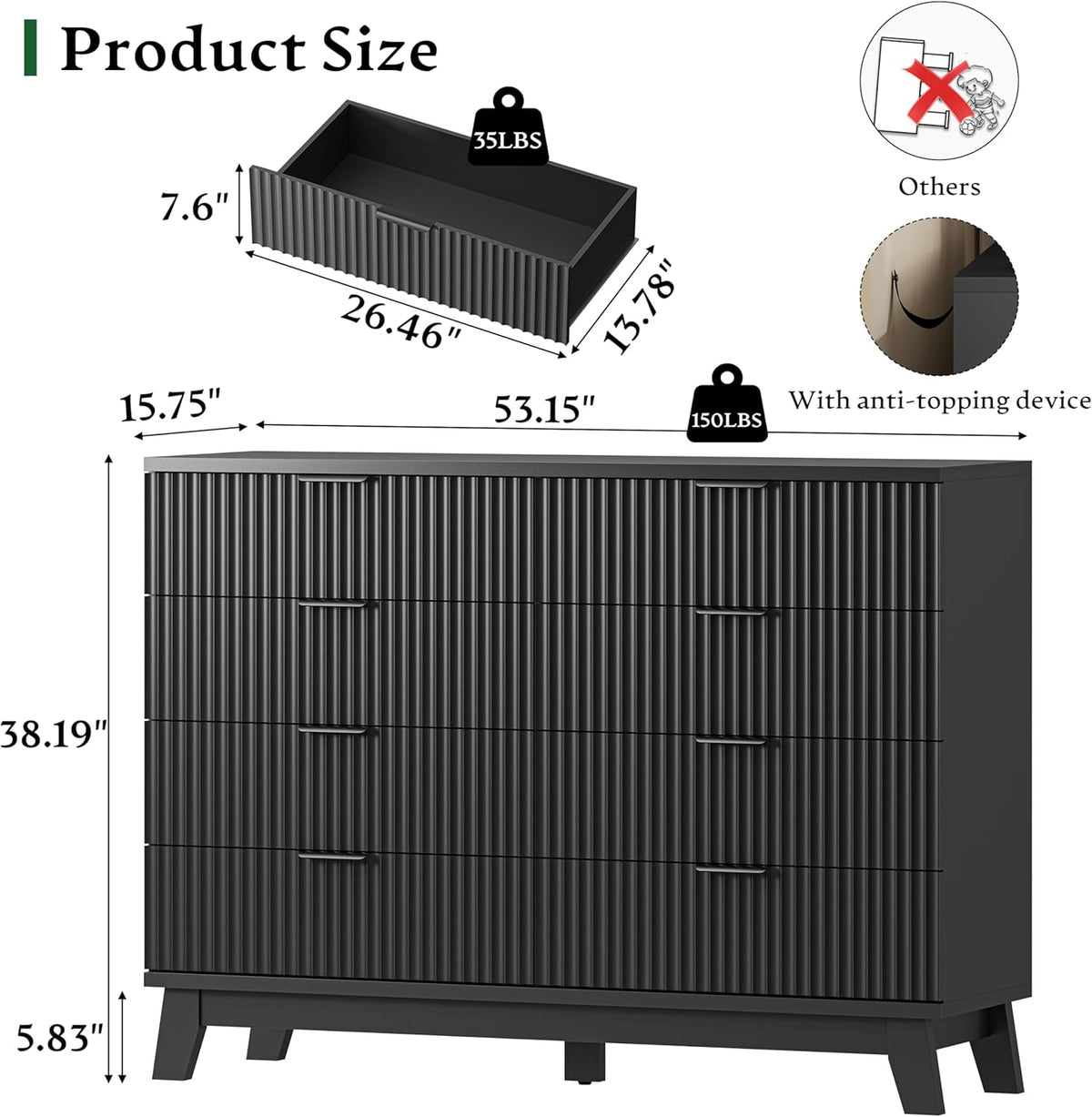 Fluted Dresser with 8 Drawers, 54" Wide Modern Chest of Drawers with Metal Handle, Wooden Dresser