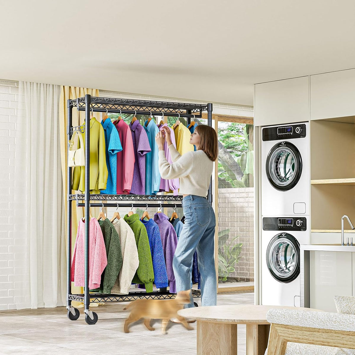 Heavy Duty Rolling Garment Rack 3 Tiers Adjustable Wire Shelving Clothes Rack with 2 Rods and Side
