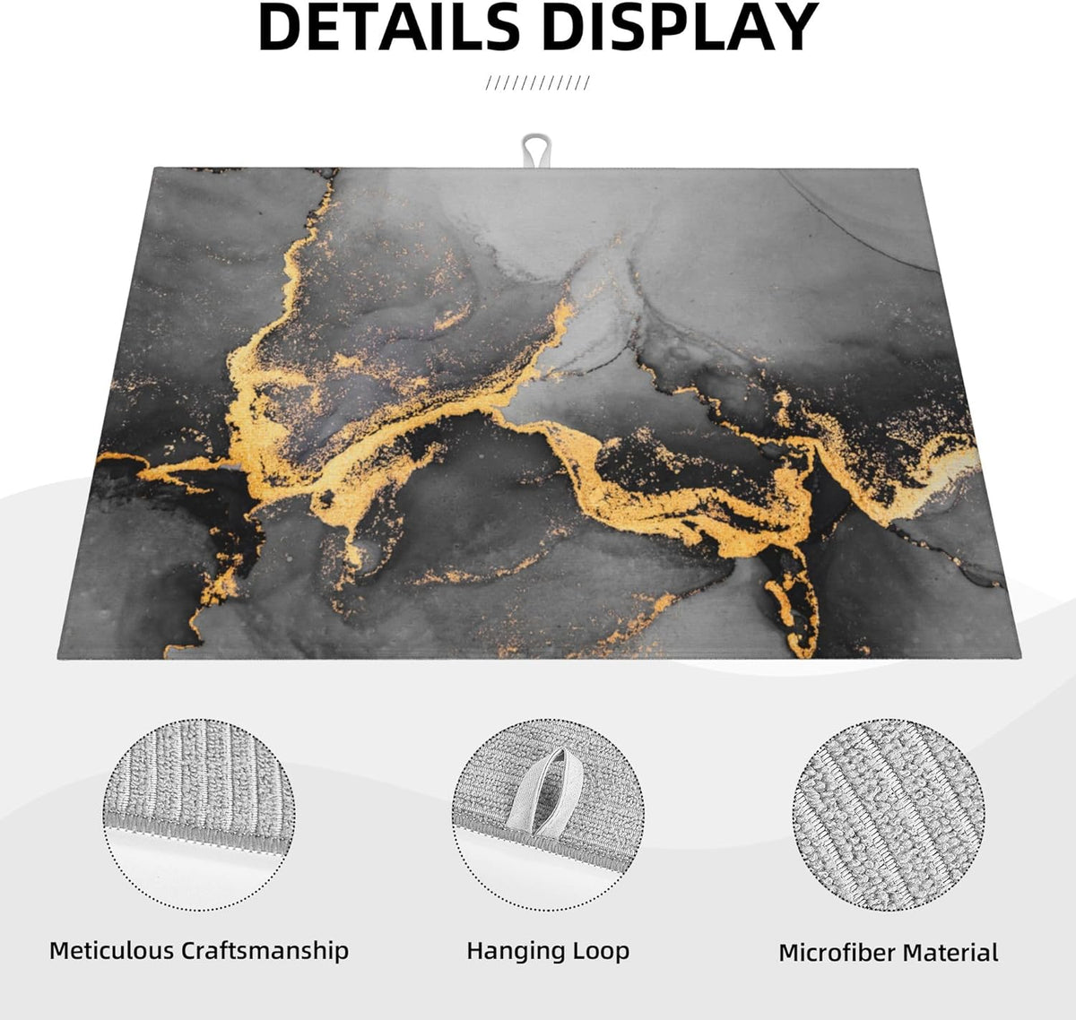Black Gray Gold Marble Kitchen Drying Mat Abstract Modern Microfiber Dish Drainer Mat for Kitchen