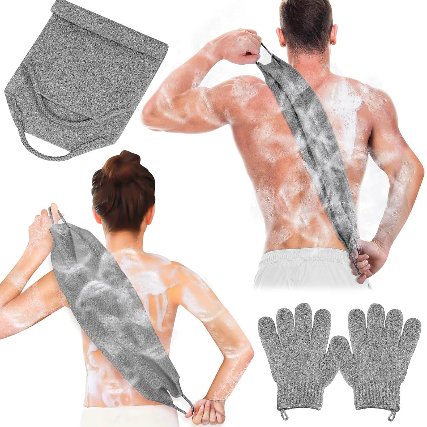 Anezus Exfoliating Back Scrubber Bath Gloves Set, Exfoliating Shower Towel with Shower Gloves for
