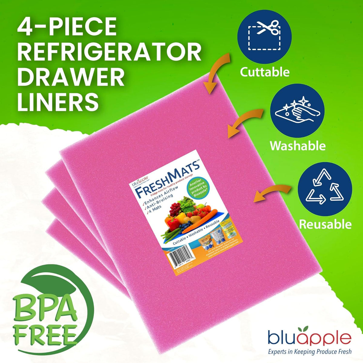 Bluapple FreshMats, Refrigerator Bin Liner, Fridge Drawer Mats, Crisper Life Extender Liner Keeps