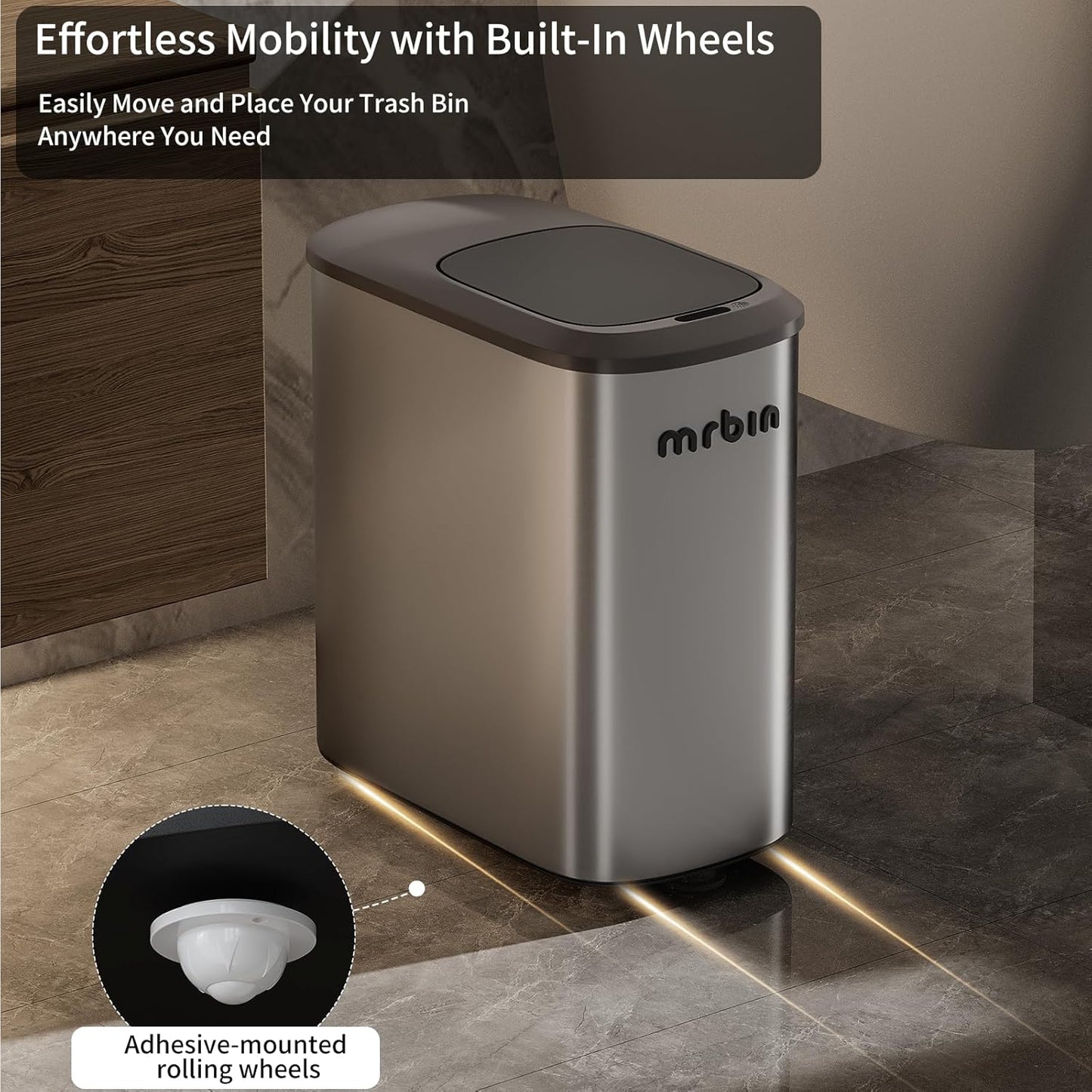 MRBIN Stainless Steel Motion Sensor Bathroom Trash Can, 10L / 2.6gal Slim Smart Toilet Waste Basket