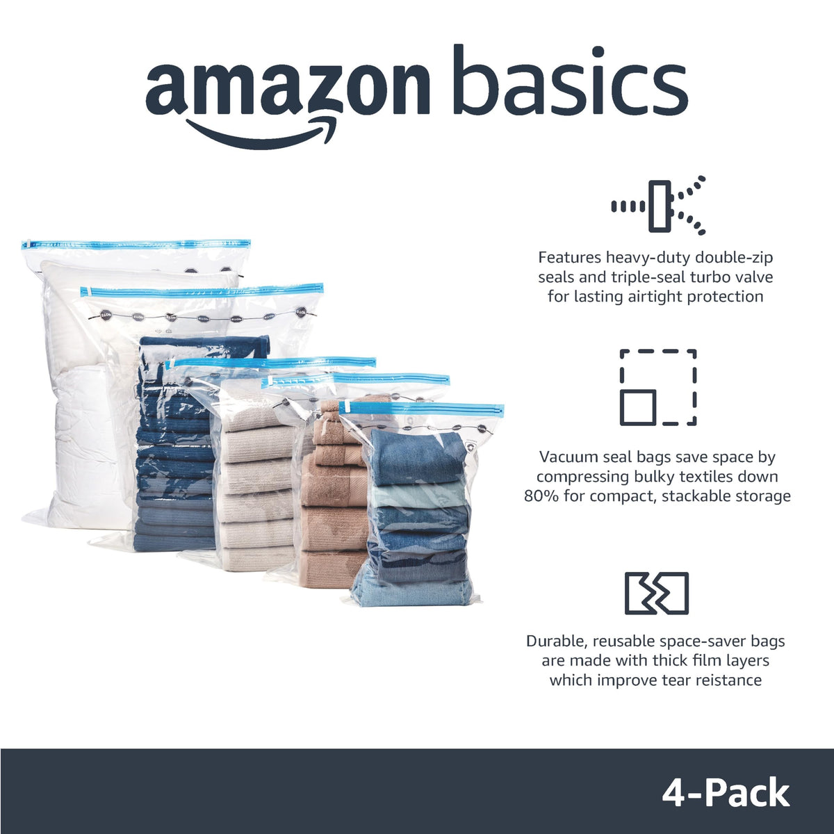 Amazon Basics Vacuum Storage Bags for Blankets, Vacuum Compression Space Saving Storage Bags with